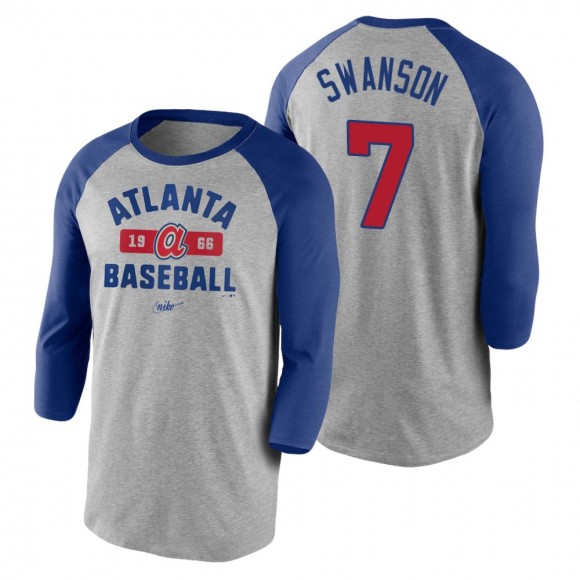Atlanta Braves Dansby Swanson Gray Royal Cooperstown Collection Vintage 3-4 Sleeve Raglan T-Shirt