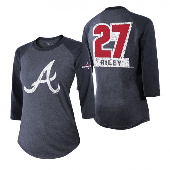 Women's Atlanta Braves Austin Riley Majestic Threads Navy 2021 World Series Champions Tri-Blend Raglan 3-4 Sleeve T-Shirt