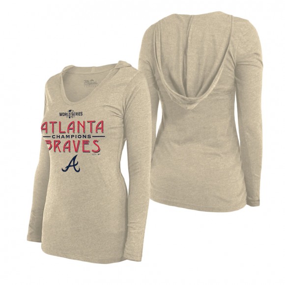 Women's Atlanta Braves Majestic Threads Oatmeal 2021 World Series Champions Conquest Pullover Hoodie