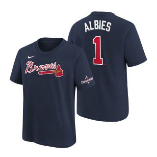 Youth Atlanta Braves Ozzie Albies Nike Navy 2021 World Series Champions Name & Number T-Shirt